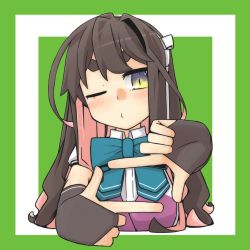 Rule 34 | 1girl, aqua bow, aqua bowtie, black hair, bow, bowtie, fang, finger frame, fingerless gloves, gesture, gloves, gradient eyes, green background, kantai collection, long hair, looking at viewer, macbail, multicolored eyes, multicolored hair, naganami (kancolle), naganami kai ni (kancolle), o3o, one eye closed, pink hair, purple vest, shirt, short sleeves, solo, square, thick eyebrows, upper body, vest, wavy hair, white shirt, yellow eyes