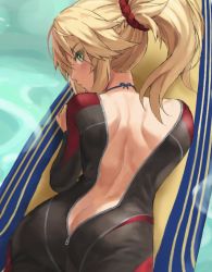 Rule 34 | 1girl, ass, back, bad id, bad twitter id, black bodysuit, blonde hair, bodysuit, braid, breasts, butt crack, diving suit, fate/apocrypha, fate/grand order, fate (series), french braid, green eyes, hair ornament, hair scrunchie, highres, long hair, looking at viewer, looking back, mordred (fate), mordred (fate/apocrypha), parted bangs, ponytail, prydwen (fate), scrunchie, sidelocks, small breasts, solo, surfboard, tonee, wetsuit, zipper