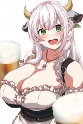 Rule 34 | 1girl, alcohol, animal ears, barmaid, blush, breasts, collarbone, cow ears, cow girl, cow horns, cup, green eyes, highres, hololive, horns, huge breasts, jewelry, long hair, looking at viewer, mitarashi o, mug, necklace, open mouth, shirogane noel, silver hair, smile, solo, virtual youtuber