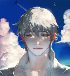 Rule 34 | 1boy, aircraft, airplane, black sclera, blue sky, closed mouth, cloud, colored sclera, contrail, crescent moon, ear piercing, earrings, grey eyes, grey hair, hair between eyes, jewelry, light smile, looking at viewer, male focus, moon, original, piercing, pigeon666, portrait, shirt, short hair, sky, smile, solo, white shirt