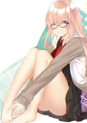 Rule 34 | 1girl, alternate hair length, alternate hairstyle, bare legs, barefoot, black-framed eyewear, black dress, blush, closed mouth, dhfz181, dress, fate/grand order, fate (series), hair over one eye, hood, hoodie, long hair, looking at viewer, mash kyrielight, open clothes, open hoodie, pink hair, purple eyes, short dress, sidelocks, smile, solo, thighs