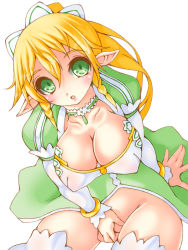 Rule 34 | 10s, 1girl, bad id, bad pixiv id, blonde hair, braid, breasts, cleavage, covering crotch, covering privates, elf, green eyes, iwato (celler), large breasts, leafa, long hair, no panties, pointy ears, ponytail, side braid, smile, solo, sword art online, twin braids
