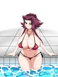Rule 34 | 1girl, artist request, bikini, breasts, brown eyes, collarbone, curvy, groin, hair ornament, highres, huge breasts, izayoi aki, jewelry, looking to the side, navel, pendant, pool, poolside, red bikini, red hair, shiny skin, short hair, short hair with long locks, skindentation, smile, swimsuit, thick thighs, thighs, wet, wide hips, yu-gi-oh! 5d&#039;s