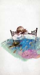 Rule 34 | 1girl, bed, brown hair, deemo, fish, full body, girl (deemo), highres, lying, official art, solo, surreal, turtle, walking by the sea (deemo), water