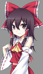 Rule 34 | 1girl, ascot, bare shoulders, black eyes, black hair, blush, bow, breasts, commentary request, cowboy shot, detached sleeves, frilled bow, frilled shirt collar, frills, grey background, hair between eyes, hair bow, hair tubes, hakurei reimu, koissa, long hair, long sleeves, looking at viewer, medium breasts, midriff peek, red bow, red skirt, ribbon-trimmed sleeves, ribbon trim, sidelocks, simple background, skirt, skirt set, smile, solo, touhou, wide sleeves, yellow ascot