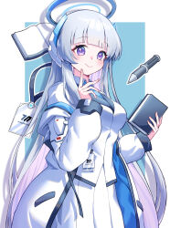 Rule 34 | 1girl, absurdres, blue archive, blue necktie, halo, highres, jacket, looking at viewer, mechanical ears, mechanical halo, necktie, noa (blue archive), purple eyes, shirt, skirt, todeu (cool8254), white hair, white jacket, white shirt, white skirt