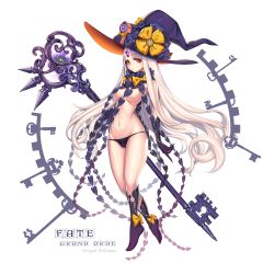 Rule 34 | 1girl, abigail williams (fate), abigail williams (third ascension) (fate), absurdres, alternate breast size, b-anma, black legwear, black panties, character name, copyright name, fate/grand order, fate (series), full body, gloves, glowing, glowing eye, hat, highres, long hair, looking at viewer, navel, orange eyes, panties, revealing clothes, simple background, solo, third eye, topless, underwear, very long hair, white background, witch hat