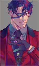 Rule 34 | 1boy, black gloves, black hair, black shirt, closed mouth, collared shirt, dice, earrings, eyepatch, formal, gloves, highres, holding, holding dice, jewelry, looking at viewer, male focus, necktie, one eye covered, original, red eyes, red suit, red vest, shirt, short hair, solo, suit, ueno kishi, upper body, vest