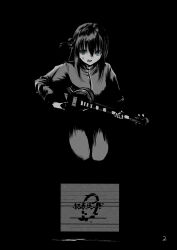Rule 34 | 1girl, absurdres, blue eyes, bocchi the rock!, cube hair ornament, derivative work, electric guitar, film grain, gotoh hitori, greyscale, guitar, hair bobbles, hair ornament, highres, holding, holding instrument, instrument, logo, long hair, long sleeves, looking at viewer, maximum the hormone, monochrome, nervous smile, one side up, parody, seiza, shadow, sitting, smile, solo, spot color, static, sudachi-udon, sweat, television, track suit, vhs artifacts