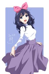 Rule 34 | 1girl, adjusting clothes, black hair, blue eyes, dated, hair ribbon, highres, long hair, long skirt, long sleeves, looking at viewer, nii manabu, open mouth, original, pink ribbon, purple skirt, ribbon, shirt, signature, simple background, skirt, smile, solo, standing, turtleneck, two-tone background, white shirt