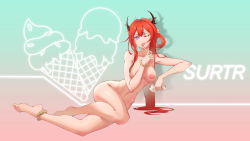 Rule 34 | 1girl, absurdres, ankle scrunchie, aqua background, arknights, armpits, barefoot, breasts, character name, collarbone, food, full body, ghosty (xiaobai), gradient background, highres, horns, ice cream, ice cream cone, large breasts, long hair, looking at viewer, navel, nipples, nude, official alternate hairstyle, one eye closed, pink background, purple eyes, reclining, red hair, scrunchie, solo, surtr (arknights), surtr (colorful wonderland) (arknights), tongue, tongue out, very long hair, wrist scrunchie