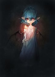 Rule 34 | 1girl, bat wings, blue hair, candle, dark background, fire, fire, holding, holding candle, jitome, kazeto, looking at viewer, nightgown, pointy ears, red eyes, remilia scarlet, short hair, solo, touhou, upper body, wings