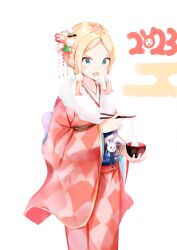 Rule 34 | 1girl, 2023, :d, abigail williams (fate), absurdres, blonde hair, blue eyes, bowl, chopsticks, commentary, egasumi, fate/grand order, fate (series), food, forehead, fur collar, highres, holding, holding bowl, holding chopsticks, japanese clothes, kimono, mochi, obi, open mouth, parted bangs, pink kimono, sash, sidelocks, simple background, smile, solo, white background, yukaa