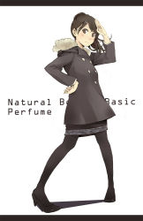 Rule 34 | 1girl, bad id, bad pixiv id, black pantyhose, coat, frown, full body, group name, hand on own hip, high heels, highres, hood, hooded coat, letterboxed, original, pantyhose, perfume (band), salute, shoes, solo, standing, white background, yoshito