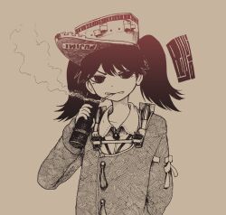 Rule 34 | 1girl, arm behind back, character name, cigarette, commentary request, holding, japanese clothes, kantai collection, kariginu, magatama, monochrome, nib pen (medium), ribbon-trimmed sleeves, ribbon trim, ryuujou (kancolle), satou ikken, smoke, smoking, solo, traditional media, twintails, upper body, visor cap