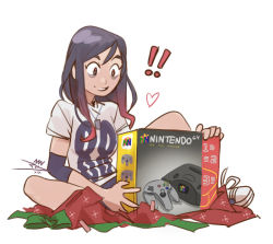 Rule 34 | !, !!, 1girl, 88 (vashperado), bags under eyes, black hair, box, christmas, commentary, dog tags, elbow pads, english commentary, game console, gift wrapping, gradient hair, heart, medium hair, multicolored hair, nintendo 64, original, red hair, shoes, shorts, sitting, sneakers, solo, spoken heart, unwrapping, vashperado