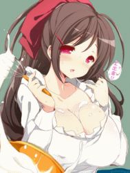 Rule 34 | 10s, 1girl, animated, animated gif, blush, breasts, brown hair, cleavage, cream, cream on face, covered erect nipples, food, food on face, hair ornament, hair ribbon, huge breasts, kantai collection, long hair, looking at viewer, lowres, mamiya (kancolle), multiple girls, red eyes, ribbon, saliva, saliva trail, translated, watanon (gakushokutei), whisk