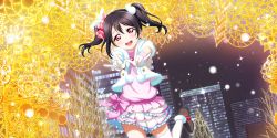Rule 34 | 1girl, ankle boots, artist request, black hair, blush, boots, bow, building, city lights, cityscape, double m/, flat chest, frilled skirt, frills, gloves, hair bow, highres, lights, looking at viewer, love live!, love live! school idol festival all stars, love live! school idol project, m/, official art, open mouth, raised eyebrows, red eyes, skirt, snow halation, solo, striped, striped bow, thighhighs, turtleneck, twintails, white gloves, white thighhighs, yazawa nico