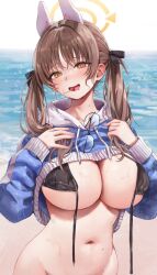 Rule 34 | 1girl, animal ears, bikini, black bikini, blue archive, blue hoodie, blush, breasts, brown hair, cropped hoodie, fake animal ears, glasses, gompang 11, halo, heart, heart-shaped pupils, hood, hoodie, huge breasts, long hair, looking at viewer, moe (blue archive), moe (swimsuit) (blue archive), navel, official alternate costume, solo, stomach, swimsuit, symbol-shaped pupils, twintails, wet, yellow eyes