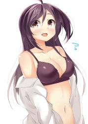 Rule 34 | 10s, 1girl, ahoge, bad id, bad pixiv id, bra, breasts, brown eyes, clothes lift, hagikaze (kancolle), kankitsunabe (citrus), kantai collection, long hair, open mouth, purple bra, purple hair, shirt lift, side ponytail, smile, solo, underwear