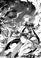 Rule 34 | 1girl, absurdres, black gloves, bodysuit, boots, breasts, cloud, dated, fingerless gloves, flaming sword, flaming weapon, gloves, greyscale, highres, holding, holding sword, holding weapon, huge filesize, large breasts, looking down, monochrome, open hand, pyra (xenoblade), qingwa chi she, short hair, short shorts, shorts, skindentation, sky, solo, sword, thigh boots, thighhighs, weapon, xenoblade chronicles (series), xenoblade chronicles 2