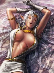 Rule 34 | 1girl, areola slip, armlet, arms up, belt, breasts, breasts apart, covered erect nipples, fujii eishun, gloves, grey gloves, large breasts, long hair, open mouth, pirotess, pointy ears, record of lodoss war, red eyes, shadow, short sleeves, solo, upper body, white hair