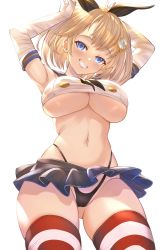 Rule 34 | 1girl, absurdres, animal ears, arms up, black panties, blonde hair, blue eyes, blue skirt, blush, bob cut, breasts, cameltoe, cosplay, crop top, fake animal ears, from below, gloves, grin, hair ornament, highleg, highleg panties, highres, hololive, hololive english, honkivampy, kantai collection, large breasts, looking down, miniskirt, navel, no bra, panties, pleated skirt, rabbit ears, rabbit pose, shimakaze (kancolle), shimakaze (kancolle) (cosplay), short hair, simple background, skirt, smile, solo, stomach, striped clothes, striped thighhighs, teeth, thighhighs, thighs, underboob, underwear, upskirt, virtual youtuber, watson amelia, white background, white gloves