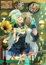 Rule 34 | 1girl, ahk dh, animal ears, beret, bird, black shorts, blue dress, breasts, brown-framed eyewear, bubble, cape, cat ears, clock, commentary request, cowboy shot, dress, erlenmeyer flask, flask, fur trim, genshin impact, glasses, gloves, gold trim, green hair, grey thighhighs, hair between eyes, hat, highres, holding, holding flask, indoors, long hair, open mouth, phonograph, ponytail, semi-rimless eyewear, shorts, shrug (clothing), small breasts, smile, solo, sparkle, standing, sucrose (genshin impact), thighhighs, vision (genshin impact), wall clock, weibo logo, weibo watermark, white cape, white gloves, white hat, yellow eyes