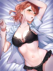 Rule 34 | 1girl, arm up, bed, bed sheet, black bra, black panties, blunt bangs, blush, bra, braid, breasts, cleavage, collarbone, collared shirt, commentary request, ear blush, embarrassed, hair between eyes, hair bun, hair ornament, hairclip, hairpin, hand on another&#039;s arm, heavy breathing, highres, holding another&#039;s arm, lace, lace-trimmed bra, lace trim, lingerie, looking at viewer, love live!, love live! nijigasaki high school idol club, lying, medium breasts, medium hair, mei hinamatsu, multiple hairpins, navel, negligee, on back, on bed, open clothes, open mouth, open shirt, orange hair, panties, pov, pov hands, shirt, single side bun, solo, solo focus, swept bangs, uehara ayumu, underwear, upper body, vignetting, white shirt, yellow eyes