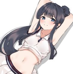 Rule 34 | 1girl, aa211108, armpits, arms behind head, arms up, black hair, blue eyes, blunt bangs, blunt ends, blush, breasts, closed mouth, clothes lift, collarbone, dot nose, dutch angle, idolmaster, idolmaster million live!, idolmaster million live! theater days, light smile, long hair, looking at viewer, lying, midriff, mogami shizuka, navel, on back, shadow, shirt, shirt lift, shy, side ponytail, sidelocks, simple background, skirt, sleeveless, small breasts, solo, upper body, very long hair, white background, white shirt, white skirt