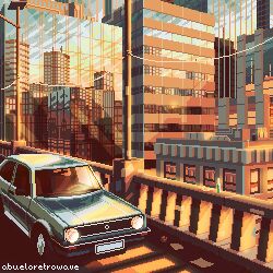 Rule 34 | abueloretrowave, bottle, car, city, cityscape, highres, light rays, motor vehicle, no humans, outdoors, photoshop (medium), pixel art, reflection, scenery, sunset, synthwave, third-party edit, vaporwave, volkswagen, wine bottle, wire
