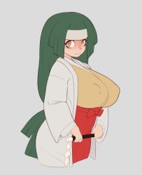 Rule 34 | 1girl, alternate breast size, bags under eyes, blush, breasts, channeler (pokemon), covered erect nipples, creatures (company), game freak, gohei, green hair, hayabusart, headband, highres, holding, japanese clothes, large breasts, long hair, long sleeves, nintendo, pokemon, pokemon lgpe, solo, very long hair, yellow eyes