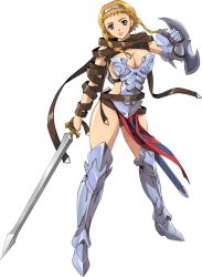 Rule 34 | 00s, 1girl, armor, armored boots, blonde hair, blue eyes, boots, braid, breasts, cleavage, exiled warrior leina, full body, gauntlets, holding, holding sword, holding weapon, large breasts, leina (queen&#039;s blade), leina (queen's blade), official art, queen&#039;s blade, shield, short hair with long locks, side braid, sideboob, solo, sword, transparent background, twin braids, weapon
