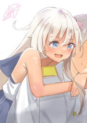 Rule 34 | 1boy, 1girl, admiral (kancolle), blonde hair, blue eyes, blue sailor collar, calin, cowboy shot, crop top, dated, flower, hair flower, hair ornament, highres, hug, hug from behind, kantai collection, long hair, one-hour drawing challenge, one-piece tan, ro-500 (kancolle), sailor collar, school uniform, serafuku, signature, sleeveless, swimsuit, swimsuit under clothes, tan, tanline, white background