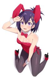 Rule 34 | 1girl, animal ears, bad id, bad pixiv id, black hair, black pantyhose, bow, bowtie, breasts, cleavage, cross hair ornament, detached collar, fake animal ears, gabriel dropout, hair ornament, high heels, highres, leotard, medium breasts, nyaroon, pantyhose, playboy bunny, ponytail, purple eyes, rabbit ears, rabbit tail, red footwear, red leotard, short hair, simple background, sitting, solo, strapless, strapless leotard, tail, vignette tsukinose april, wariza, white background, wrist cuffs, x hair ornament