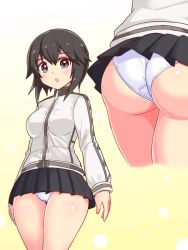 Rule 34 | 1girl, ass, black hair, blush, breasts, cougar (cougar1404), from behind, green eyes, hayasui (kancolle), jacket, kantai collection, looking at viewer, medium breasts, miniskirt, open mouth, panties, shiny skin, short hair, skirt, solo, track jacket, underwear, wedgie, yellow background
