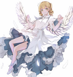 Rule 34 | 1girl, angel wings, blonde hair, dress, drill hair, high heels, highres, jessica (jinrou judgment), jinrou judgment, long dress, long hair, looking at viewer, neco (nhve3735), simple background, smile, solo, white background, white dress, wings