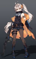 Rule 34 | 1girl, ahoge, argyle, argyle clothes, argyle legwear, asymmetrical legwear, bad id, bad pixiv id, belt, black footwear, black pantyhose, black skirt, boots, buttons, character name, combat boots, covered mouth, double-breasted, full body, general-purpose machine gun, girls&#039; frontline, goggles, goggles around neck, grey hair, gun, hair between eyes, hair ornament, hair scrunchie, highres, holding, holding gun, holding weapon, holster, long hair, looking at viewer, machine gun, medium machine gun, miniskirt, pantyhose, pkp (girls&#039; frontline), pkp pecheneg, scrunchie, shadow, sheath, sheathed, side ponytail, skirt, solo, standing, tama (tamatamo), thigh holster, thigh strap, weapon, yellow eyes