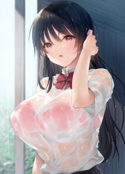 Rule 34 | 1girl, :d, after rain, black hair, blush, bow, bowtie, breasts, collared shirt, commentary request, day, dress shirt, hand in own hair, hand up, highres, kurumi moka, large breasts, long hair, looking at viewer, open mouth, original, outdoors, purple eyes, red bow, red bowtie, school uniform, see-through, shirt, short sleeves, smile, solo, sunlight, upper body, very long hair, wet, wet hair, white shirt