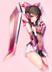 Rule 34 | 10s, 1girl, :o, arm guards, blunt bangs, blush, bodysuit, bow, breasts, brown hair, closed mouth, commentary request, covered navel, doyouwantto, elbow gloves, gloves, gradient background, hair bow, headgear, holding, legs together, looking at viewer, miniskirt, pink background, pink bodysuit, pink bow, pink eyes, pink gloves, pink skirt, pink thighhighs, senki zesshou symphogear, shiny skin, sidelocks, skirt, small breasts, solo, thighhighs, tsukuyomi shirabe, twintails, yo-yo
