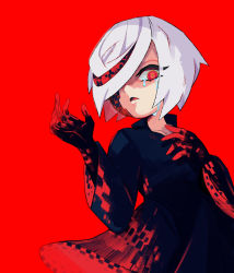 Rule 34 | 1girl, aimf, black dress, crying, crying with eyes open, dress, hair over one eye, looking at viewer, open mouth, red background, red eyes, sage (sonic), short hair, simple background, solo, sonic (series), sonic frontiers, tears, upper body, white hair