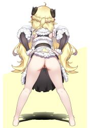 Rule 34 | 1girl, absurdres, ahoge, animal ears, ass, bandaid, bandaid on pussy, barefoot, blonde hair, commentary, curled horns, detached sleeves, dress, from behind, fur-trimmed dress, fur-trimmed sleeves, fur trim, hands on own hips, highres, hololive, horns, leaning forward, long hair, no panties, ribbed sleeves, sheep ears, sheep girl, sheep horns, solo, spread legs, standing, tsunomaki watame, tsunomaki watame (1st costume), virtual youtuber, white dress, zonzu