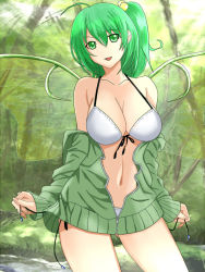 Rule 34 | 1girl, aged up, alternate breast size, alternate costume, bikini, bikini under clothes, breasts, ccremonn, contemporary, daiyousei, fairy wings, female focus, green eyes, green hair, hair ornament, jacket, large breasts, matching hair/eyes, nature, navel, open clothes, open jacket, open mouth, side ponytail, smile, solo, swimsuit, swimsuit under clothes, touhou, undressing, unzipped, white bikini, wings