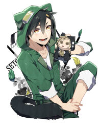 Rule 34 | 2boys, animal ears, animal hood, bangs pinned back, belt, belt buckle, black belt, black footwear, black hair, black hoodie, blonde hair, boots, breast pocket, brown shirt, buckle, button eyes, buttons, casual, cat ears, cat tail, character doll, character name, circle, collarbone, commentary, cropped legs, cross-laced clothes, cross-laced slit, doll, full body, goggles, green jumpsuit, green pants, hair ornament, hairclip, hand on own ankle, hand on own leg, hand up, holding, holding doll, hood, hood up, hooded jumpsuit, hoodie, jumpsuit, kagerou project, kano shuuya, kiragera, layered sleeves, leaf, long bangs, looking at viewer, lower teeth only, male focus, mekakucity actors, multiple boys, open mouth, pants, pocket, print hoodie, seto kousuke, shirt, short hair, short sleeves, simple background, sitting, sleeves past elbows, sleeves rolled up, smile, solo, tail, teeth, tinted eyewear, tongue, tongue out, two-sided fabric, whiskers, white background, white hoodie, white shirt, yellow-tinted eyewear, yellow eyes