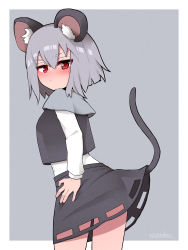 Rule 34 | 1girl, absurdres, animal ears, blush, border, capelet, closed mouth, commentary request, cowboy shot, eyes visible through hair, from behind, grey background, grey capelet, grey hair, grey skirt, grey vest, half-closed eyes, hand on own hip, highres, lifted by tail, long sleeves, looking at viewer, looking back, mouse ears, mouse tail, nazrin, outside border, red eyes, shirt, short hair, signature, simple background, skirt, skirt set, solo, standing, tail, topadori, touhou, vest, white border, white shirt