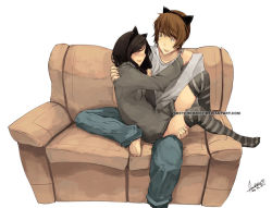 Rule 34 | 1boy, 1girl, 2010, animal ears, barefoot, black hair, cat ears, couch, couple, dated, fake animal ears, faustsketcher, hetero, hug, original, sitting, sitting on lap, sitting on person, striped clothes, striped legwear, striped thighhighs, sweater, thighhighs, watermark, web address