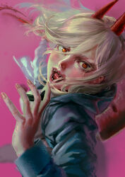 Rule 34 | 1girl, absurdres, arm up, chainsaw man, commentary request, grey hair, hair between eyes, hand up, highres, hood, hoodie, horns, lips, looking at viewer, nose, open mouth, painterly, pink background, power (chainsaw man), realistic, red eyes, sharp teeth, simple background, sitry, solo, teeth, upper body
