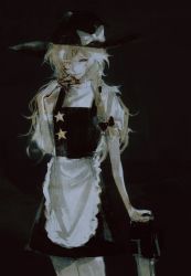 Rule 34 | 1girl, apron, black hat, black sclera, black skirt, black vest, blonde hair, blood, blood on hands, bow, braid, chainsaw, colored sclera, cookie (touhou), cowboy shot, grin, hair bow, hat, hat bow, highres, holding, holding chainsaw, kirisame marisa, long hair, looking at viewer, one eye closed, red bow, red eyes, side braid, single braid, skirt, smile, solo, star (symbol), suzu (cookie), touhou, vest, waist apron, white apron, white bow, witch hat, xbsx