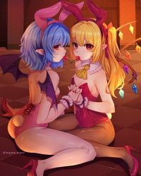 Rule 34 | 2girls, absurdres, animal ears, ascot, ass, bare arms, bare shoulders, bat wings, black legwear, black wings, blonde hair, bow, breasts, checkered floor, cherry, covered navel, crystal, detached collar, eyelashes, fake animal ears, fishnet pantyhose, fishnets, flandre scarlet, food, fruit, hair bow, high heels, highres, holding hands, indoors, interlocked fingers, leotard, long hair, looking at viewer, marota, mouth hold, multiple girls, nail polish, one side up, pantyhose, pink leotard, playboy bunny, pointy ears, profile, pumps, rabbit ears, rabbit tail, red bow, red eyes, red footwear, red leotard, red nails, remilia scarlet, shared food, shoes, siblings, sisters, sitting, small breasts, tail, touhou, twitter username, wings, yellow ascot