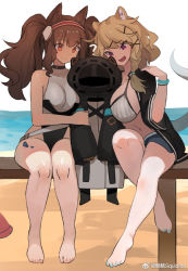 Rule 34 | 1other, 2girls, ?, angelina (arknights), animal ear fluff, animal ears, aqua nails, arknights, beach, bench, bikini, black choker, black coat, blue shorts, breasts, brown hair, choker, cleavage, coat, collarbone, commentary request, doctor (arknights), fox ears, fox girl, full body, girl sandwich, grey bikini, hair ornament, hairband, hood, hooded coat, jewelry, large breasts, long hair, long sleeves, looking at another, material growth, multiple girls, nail polish, navel, necklace, ocean, off shoulder, official alternate costume, one-piece swimsuit, open clothes, open coat, originium arts (arknights), oripathy lesion (arknights), outdoors, purple eyes, red hairband, sandwiched, short shorts, shorts, sitting, smile, stomach, string bikini, striped bikini, striped clothes, swimsuit, swimsuit cover-up, tail, thighs, toenail polish, toenails, utage (arknights), utage (summer flowers) (arknights), virgosdf, weibo watermark, white one-piece swimsuit, wide sleeves, wristband, x hair ornament